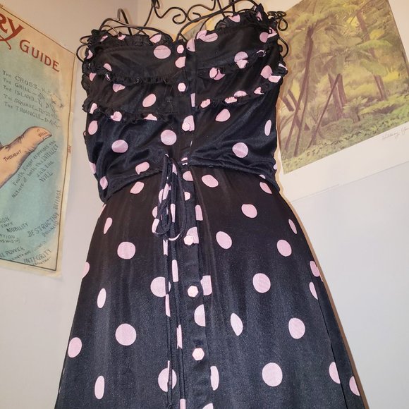 SOLD Vtg 90s Y2K Button Up Ruffled Pink Polka Dot Black Prairie Dress Jumper M - Picture 5 of 14